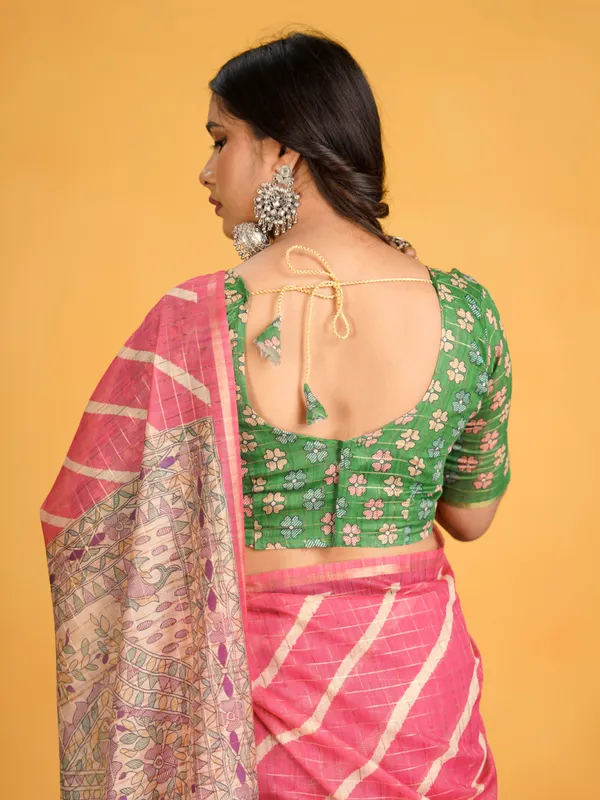 Jemisha_Parrot_Green_&_Pink_–_Festive_Season_Special_|_Soft_Semi_Tussar_Silk_Saree_with_Digital_Print,_Border_&_Contrast_Print_Blouse_with_Tassels