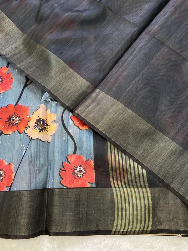 Arunima_Black_–_Dawn_Blush_Aesthetic_Edit_for_You_|_Soft_Tussar_Silk_Saree_with_Print,_Border_&_Contrast_Print_Blouse_with_Tassels