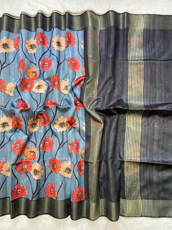 Arunima_Black_–_Dawn_Blush_Aesthetic_Edit_for_You_|_Soft_Tussar_Silk_Saree_with_Print,_Border_&_Contrast_Print_Blouse_with_Tassels