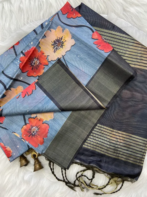 Arunima_Black_–_Dawn_Blush_Aesthetic_Edit_for_You_|_Soft_Tussar_Silk_Saree_with_Print,_Border_&_Contrast_Print_Blouse_with_Tassels
