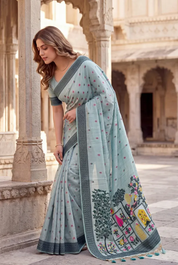 Yashira_Sky_Blue_–_Peacock_Pallu_Wedding_Special_|_Premium_Soft_Jamdani_Cotton_Saree_with_Colourful_3D_Woven_Peacock_Design_Pallu