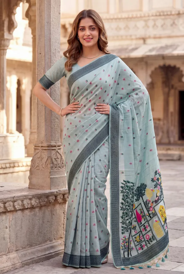 Yashira_Sky_Blue_–_Peacock_Pallu_Wedding_Special_|_Premium_Soft_Jamdani_Cotton_Saree_with_Colourful_3D_Woven_Peacock_Design_Pallu