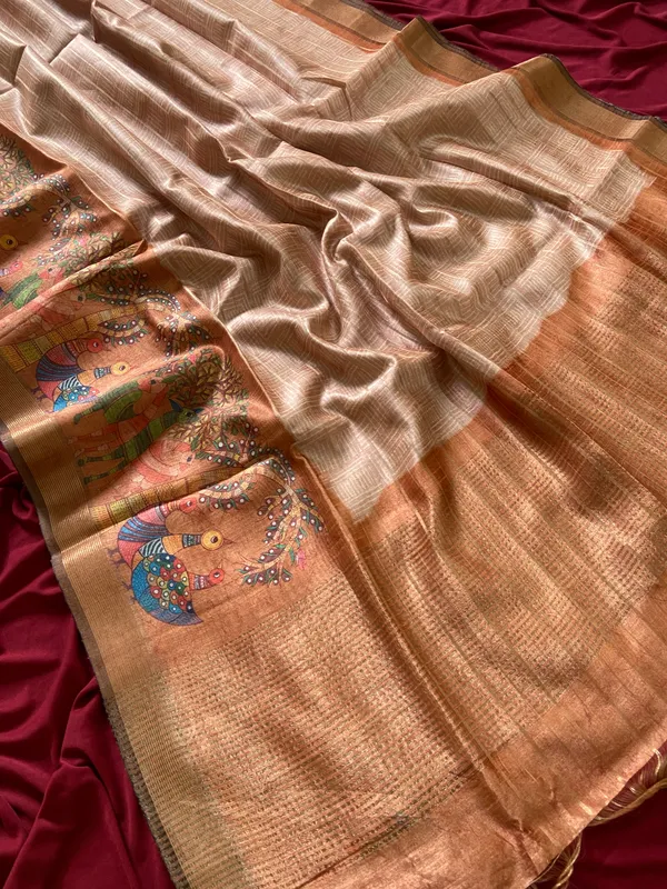 Soft_Semi_Tussar_Silk_sarees_with_Beautiful_Digital_Print_With_Attractive_Border_And_Contrast_Print_Blouse_With_Tassels