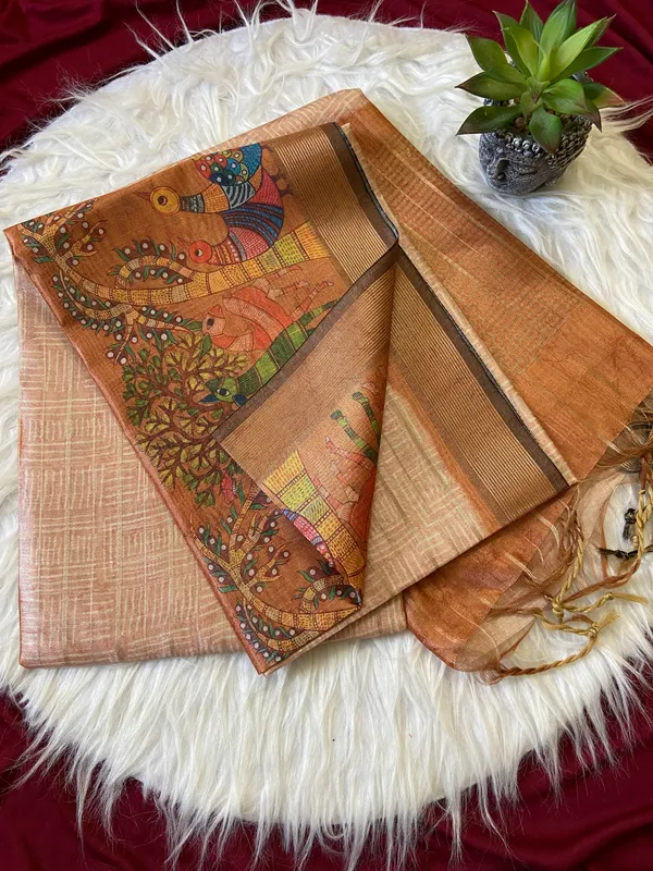 Soft_Semi_Tussar_Silk_sarees_with_Beautiful_Digital_Print_With_Attractive_Border_And_Contrast_Print_Blouse_With_Tassels