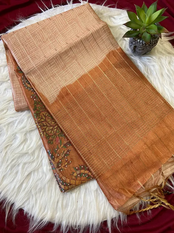 Soft_Semi_Tussar_Silk_sarees_with_Beautiful_Digital_Print_With_Attractive_Border_And_Contrast_Print_Blouse_With_Tassels