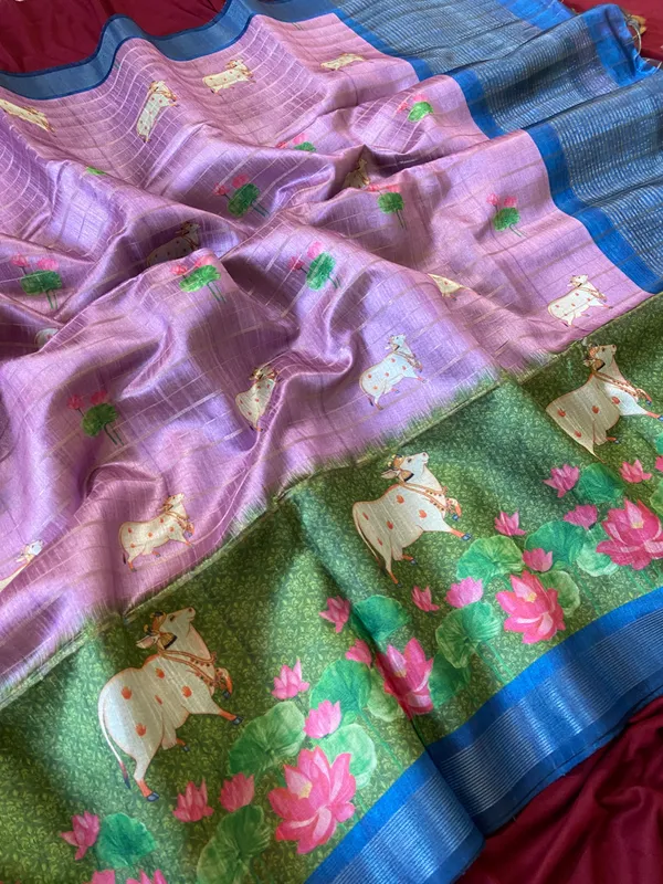 Soft_Semi_Tussar_Silk_sarees_with_Beautiful_Digital_Print_With_Attractive_Border_And_Contrast_Print_Blouse_With_Tassels