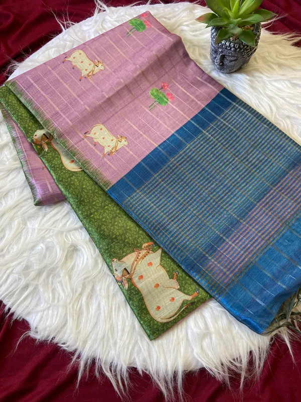 Soft_Semi_Tussar_Silk_sarees_with_Beautiful_Digital_Print_With_Attractive_Border_And_Contrast_Print_Blouse_With_Tassels