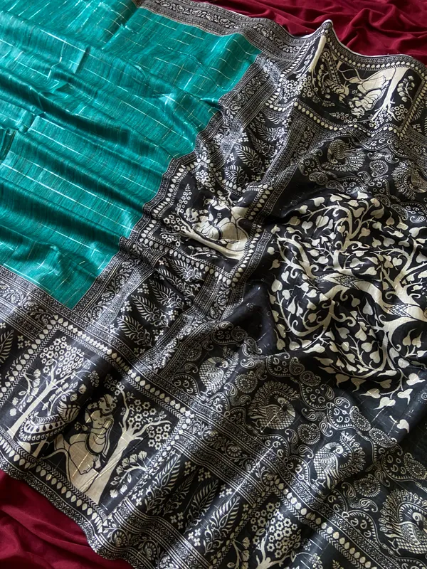 Mridula_Green_–_Soft_Navratri_Special_|_Soft_Semi_Tussar_Silk_Saree_with_Digital_Print,_Border_&_Contrast_Print_Blouse_with_Tassels
