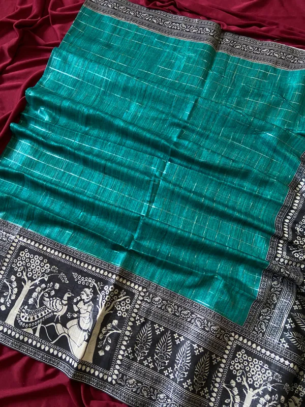 Mridula_Green_–_Soft_Navratri_Special_|_Soft_Semi_Tussar_Silk_Saree_with_Digital_Print,_Border_&_Contrast_Print_Blouse_with_Tassels