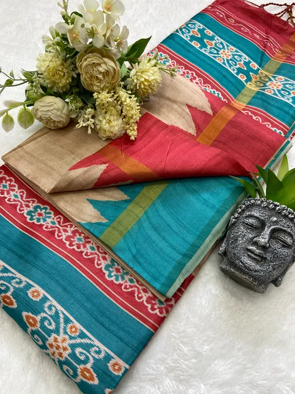 Soft_Tussar_Silk_sarees_with_Beautiful_Print_With_Attractive_Border_And_Contrast_Print_Blouse_With_Tassels