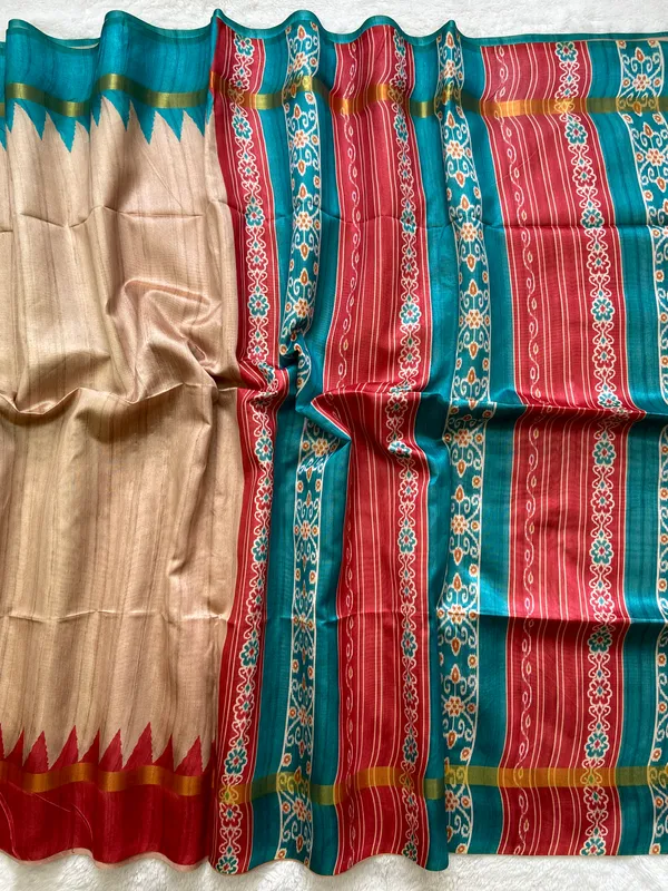 Soft_Tussar_Silk_sarees_with_Beautiful_Print_With_Attractive_Border_And_Contrast_Print_Blouse_With_Tassels
