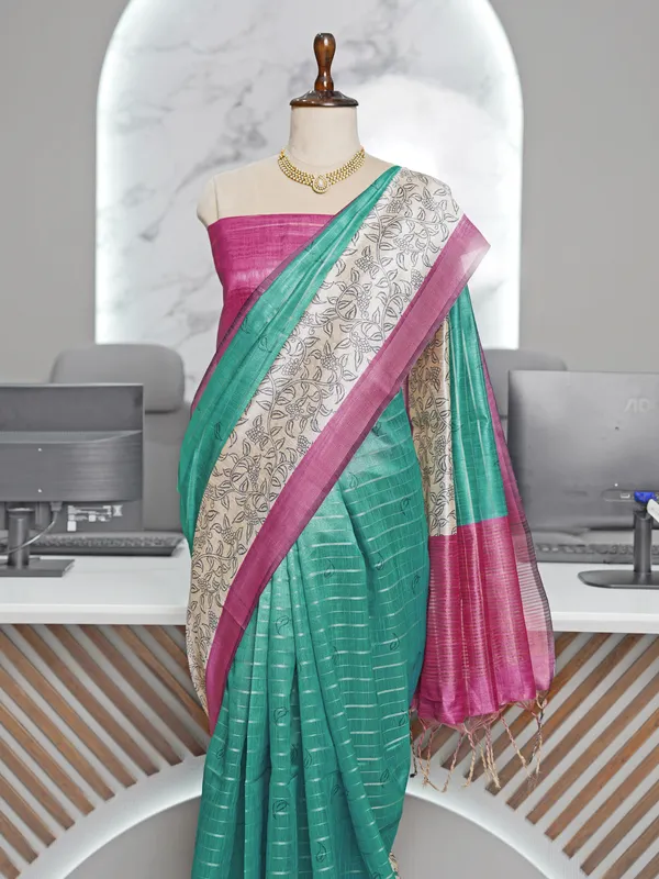 Soft_Semi_Tussar_Silk_sarees_with_Beautiful_Digital_Print_With_Attractive_Border_And_Contrast_Print_Blouse_With_Tassels