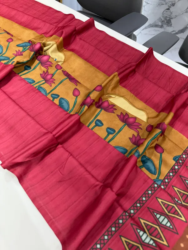 Cow_Pink_–_Cow_Motif_Navratri_Special_|_Soft_Desi_Tussar_Silk_Saree_with_Digital_Print,_Border_&_Contrast_Print_Blouse_with_Tassels