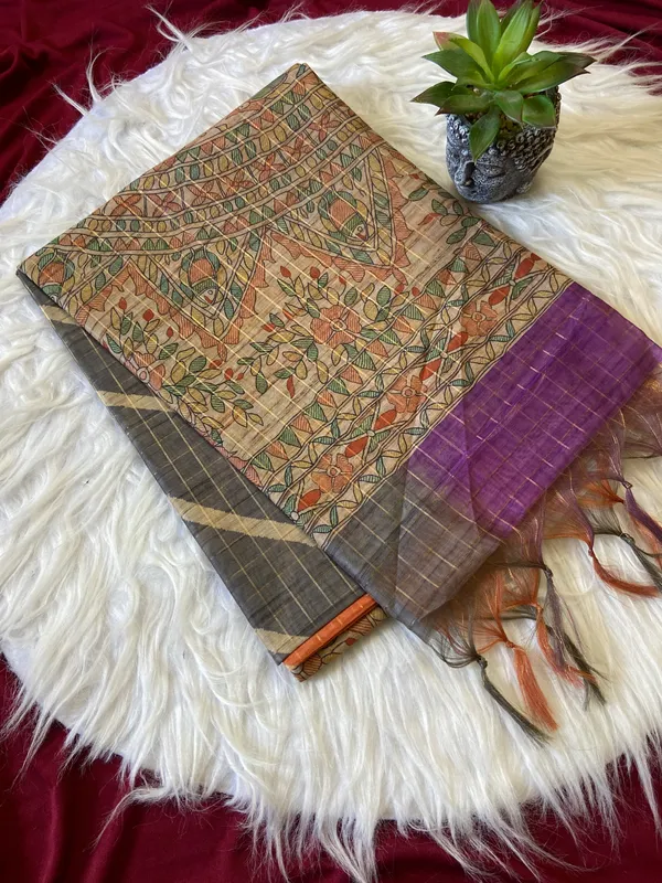 Soft_Semi_Tussar_Silk_sarees_with_Beautiful_Digital_Print_With_Attractive_Border_And_Contrast_Print_Blouse_With_Tassels