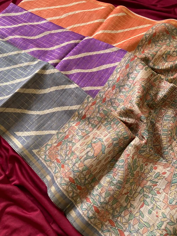 Soft_Semi_Tussar_Silk_sarees_with_Beautiful_Digital_Print_With_Attractive_Border_And_Contrast_Print_Blouse_With_Tassels