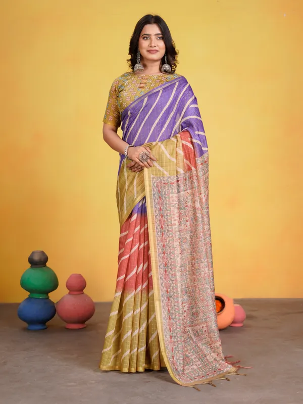 Jemisha_Mehendi_Green_&_Violet_–_Festive_Season_Special_|_Soft_Semi_Tussar_Silk_Saree_with_Digital_Print,_Border_&_Contrast_Print_Blouse_with_Tassels