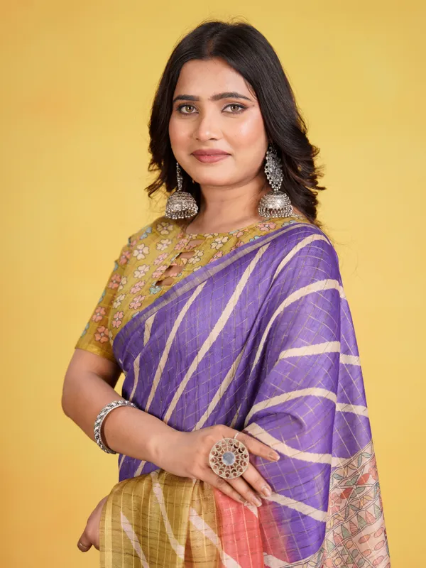 Jemisha_Mehendi_Green_&_Violet_–_Festive_Season_Special_|_Soft_Semi_Tussar_Silk_Saree_with_Digital_Print,_Border_&_Contrast_Print_Blouse_with_Tassels