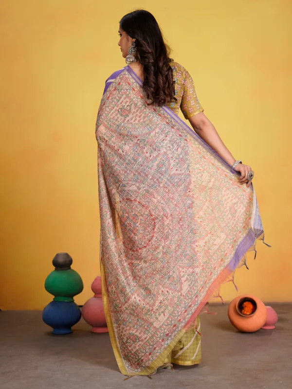 Jemisha_Mehendi_Green_&_Violet_–_Festive_Season_Special_|_Soft_Semi_Tussar_Silk_Saree_with_Digital_Print,_Border_&_Contrast_Print_Blouse_with_Tassels