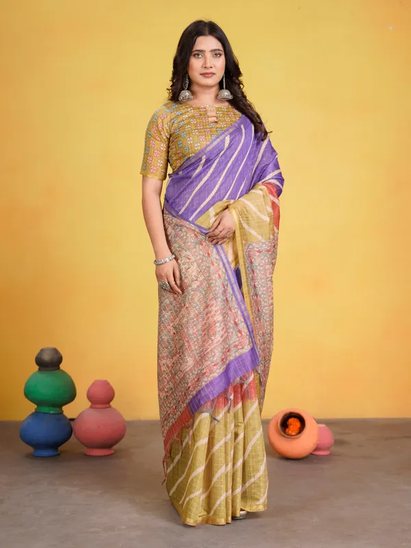 Jemisha_Mehendi_Green_&_Violet_–_Festive_Season_Special_|_Soft_Semi_Tussar_Silk_Saree_with_Digital_Print,_Border_&_Contrast_Print_Blouse_with_Tassels