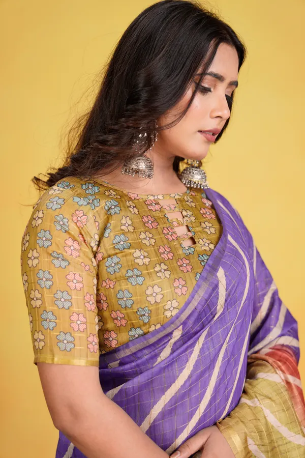 Jemisha_Mehendi_Green_&_Violet_–_Festive_Season_Special_|_Soft_Semi_Tussar_Silk_Saree_with_Digital_Print,_Border_&_Contrast_Print_Blouse_with_Tassels