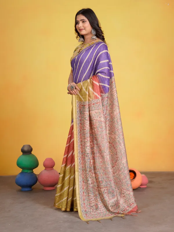 Jemisha_Mehendi_Green_&_Violet_–_Festive_Season_Special_|_Soft_Semi_Tussar_Silk_Saree_with_Digital_Print,_Border_&_Contrast_Print_Blouse_with_Tassels