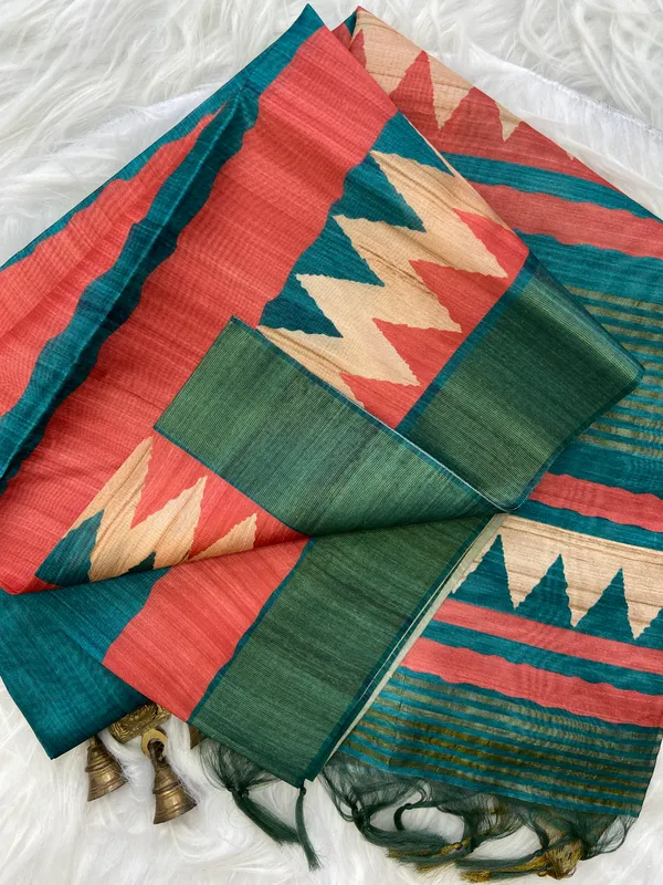 Libni_Rama_Green_–_Navratri_Special_|_Soft_Tussar_Silk_Saree_with_Print,_Border_&_Contrast_Print_Blouse_with_Tassels