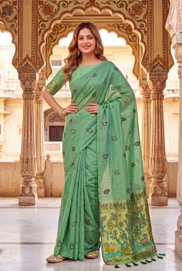 Swan_Green_–_Swan_Motif_Wedding_Special_|_Premium_Soft_Muga_Cotton_Paithani_Saree_with_Weaving_Design_Featuring_Jungle_Theme_&_Swan_Motifs_Pallu