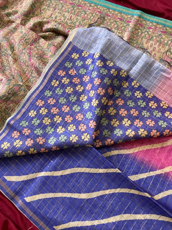 Soft_Semi_Tussar_Silk_sarees_with_Beautiful_Digital_Print_With_Attractive_Border_And_Contrast_Print_Blouse_With_Tassels