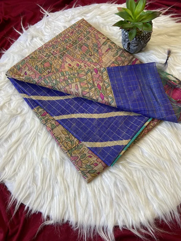 Soft_Semi_Tussar_Silk_sarees_with_Beautiful_Digital_Print_With_Attractive_Border_And_Contrast_Print_Blouse_With_Tassels