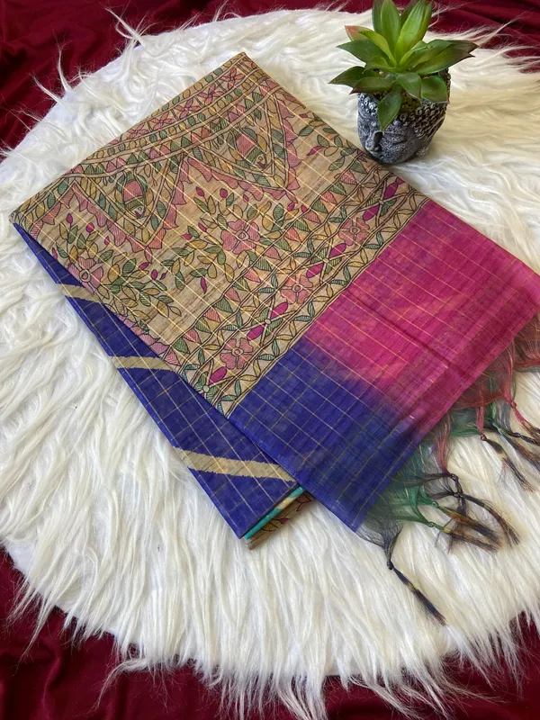 Soft_Semi_Tussar_Silk_sarees_with_Beautiful_Digital_Print_With_Attractive_Border_And_Contrast_Print_Blouse_With_Tassels