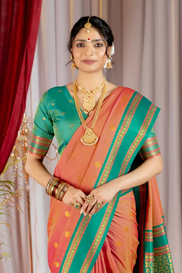 Narayana_Pattu_Narayanpet_Silk_sarees_with_Beautiful_Booti_in_Contrast_Rama-Peach_Shades_With_Attractive_Weaving_Gold_Zari_Design_And_Contrast_Blouse_With_Tassels