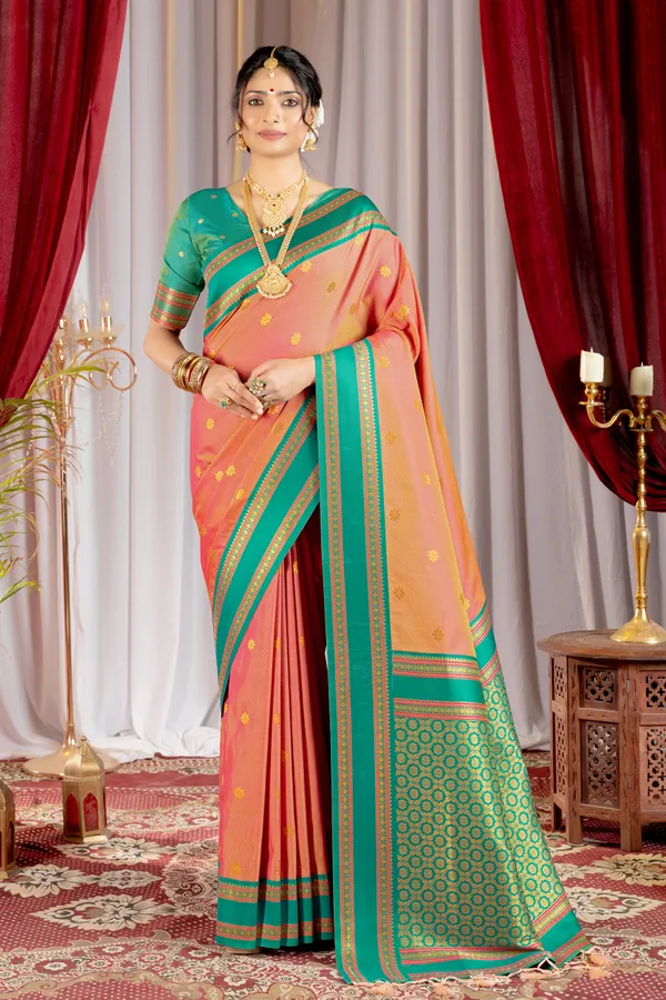 Narayana_Pattu_Narayanpet_Silk_sarees_with_Beautiful_Booti_in_Contrast_Rama-Peach_Shades_With_Attractive_Weaving_Gold_Zari_Design_And_Contrast_Blouse_With_Tassels