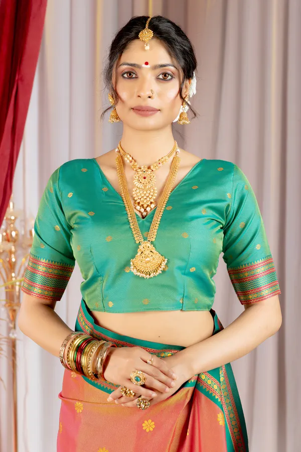 Narayana_Pattu_Narayanpet_Silk_sarees_with_Beautiful_Booti_in_Contrast_Rama-Peach_Shades_With_Attractive_Weaving_Gold_Zari_Design_And_Contrast_Blouse_With_Tassels