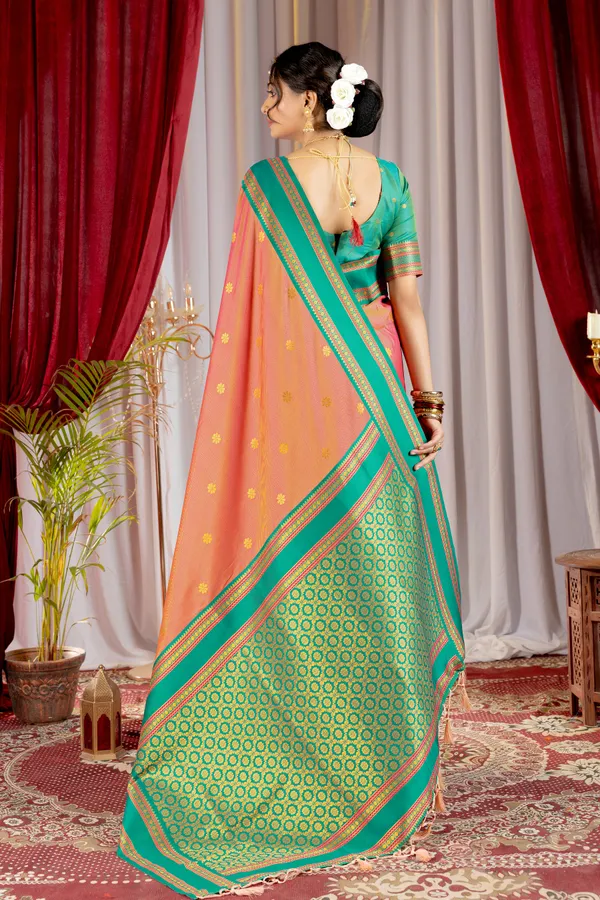 Narayana_Pattu_Narayanpet_Silk_sarees_with_Beautiful_Booti_in_Contrast_Rama-Peach_Shades_With_Attractive_Weaving_Gold_Zari_Design_And_Contrast_Blouse_With_Tassels