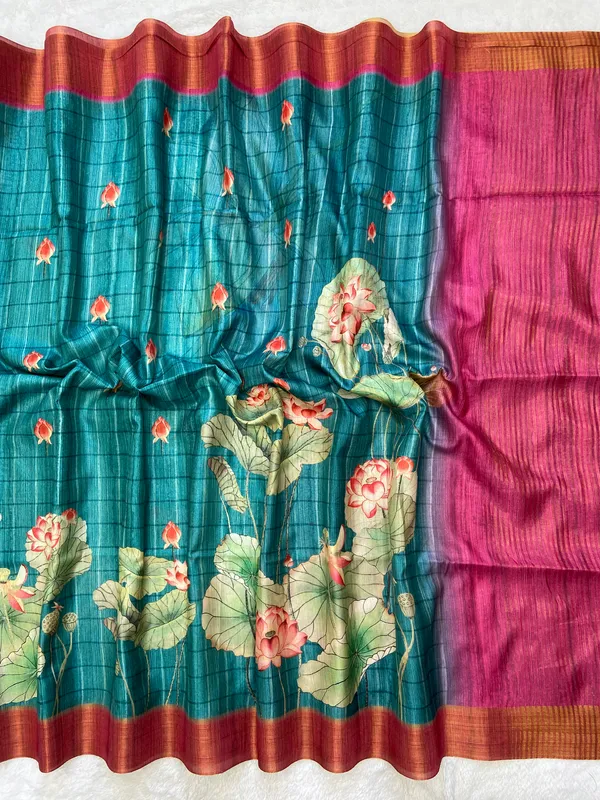 Avanti_Rama_Green_–_Regal_Navratri_Special_|_Soft_Tussar_Silk_Saree_with_Print,_Border_&_Contrast_Print_Blouse_with_Tassels