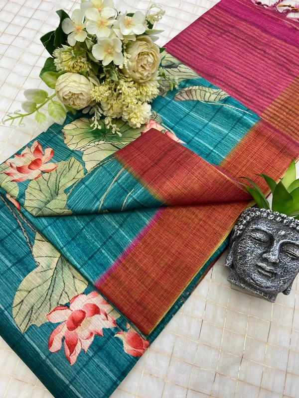 Avanti_Rama_Green_–_Regal_Navratri_Special_|_Soft_Tussar_Silk_Saree_with_Print,_Border_&_Contrast_Print_Blouse_with_Tassels