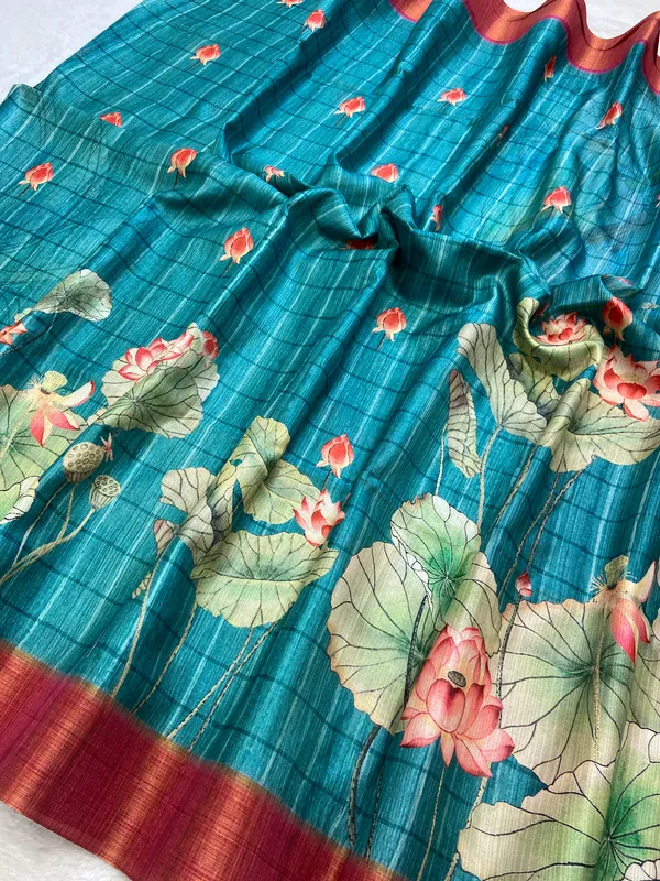 Avanti_Rama_Green_–_Regal_Navratri_Special_|_Soft_Tussar_Silk_Saree_with_Print,_Border_&_Contrast_Print_Blouse_with_Tassels
