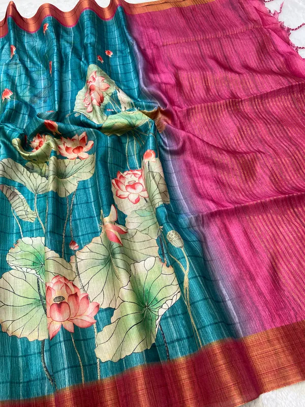 Avanti_Rama_Green_–_Regal_Navratri_Special_|_Soft_Tussar_Silk_Saree_with_Print,_Border_&_Contrast_Print_Blouse_with_Tassels