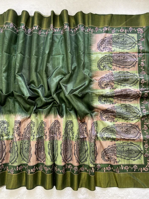 Falak_Green_–_Skyward_Navratri_Special_|_Soft_Tussar_Silk_Saree_with_Print,_Border_&_Contrast_Print_Blouse_with_Tassels