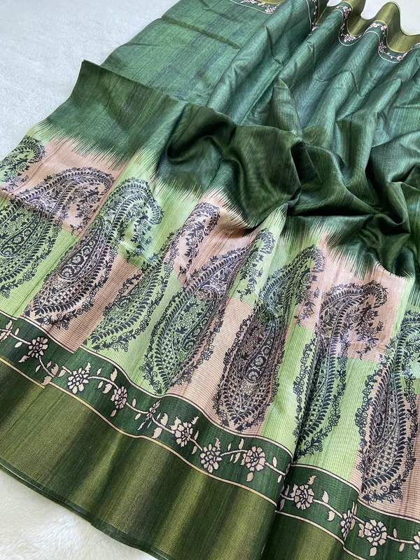 Falak_Green_–_Skyward_Navratri_Special_|_Soft_Tussar_Silk_Saree_with_Print,_Border_&_Contrast_Print_Blouse_with_Tassels