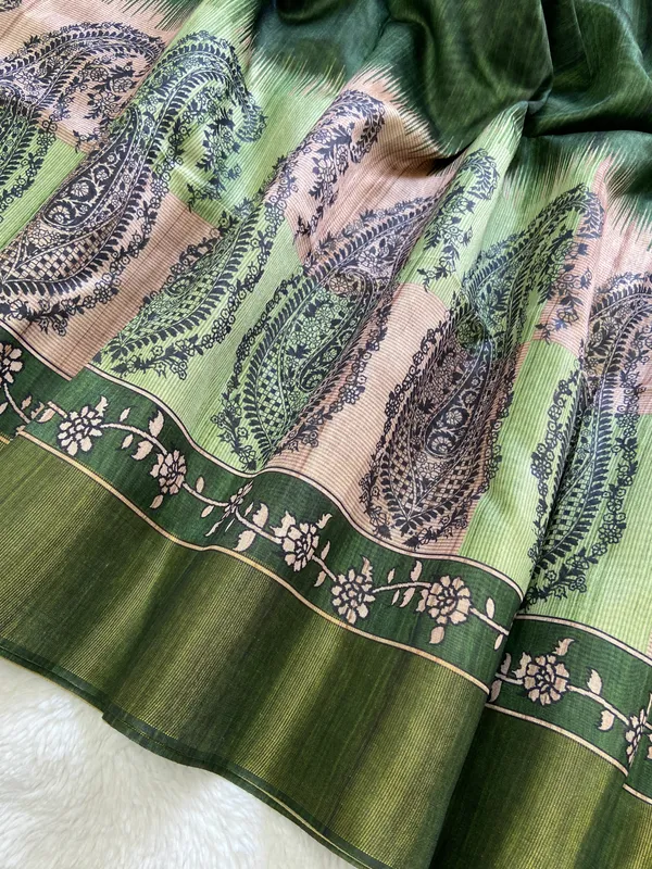 Falak_Green_–_Skyward_Navratri_Special_|_Soft_Tussar_Silk_Saree_with_Print,_Border_&_Contrast_Print_Blouse_with_Tassels