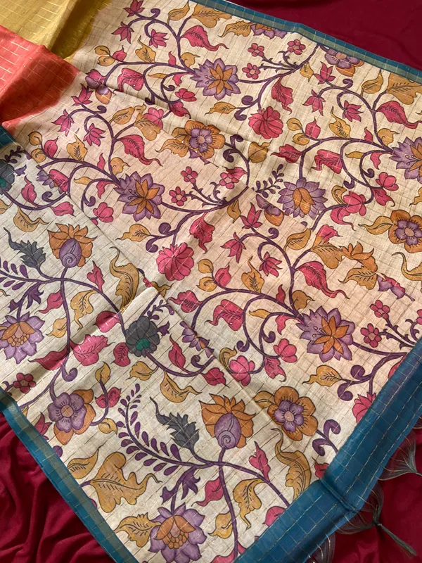 Soft_Semi_Tussar_Silk_sarees_with_Beautiful_Digital_Print_With_Attractive_Border_And_Contrast_Print_Blouse_With_Tassels