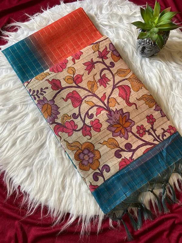 Soft_Semi_Tussar_Silk_sarees_with_Beautiful_Digital_Print_With_Attractive_Border_And_Contrast_Print_Blouse_With_Tassels
