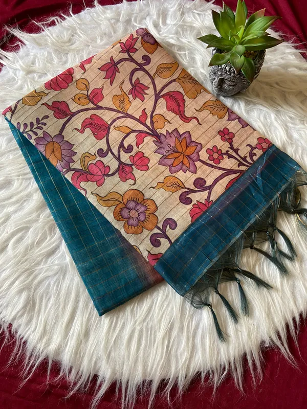Soft_Semi_Tussar_Silk_sarees_with_Beautiful_Digital_Print_With_Attractive_Border_And_Contrast_Print_Blouse_With_Tassels