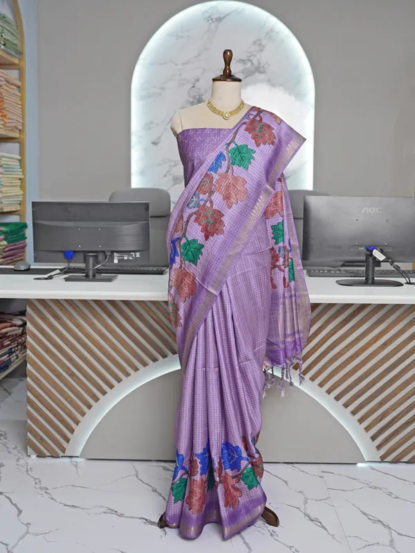 Soft_Tussar_Silk_sarees_with_Beautiful_Digital_Print_With_Attractive_Checks_Design_Saree_And_Digital_Print_Blouse_With_Tassels