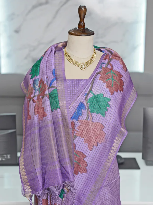 Soft_Tussar_Silk_sarees_with_Beautiful_Digital_Print_With_Attractive_Checks_Design_Saree_And_Digital_Print_Blouse_With_Tassels