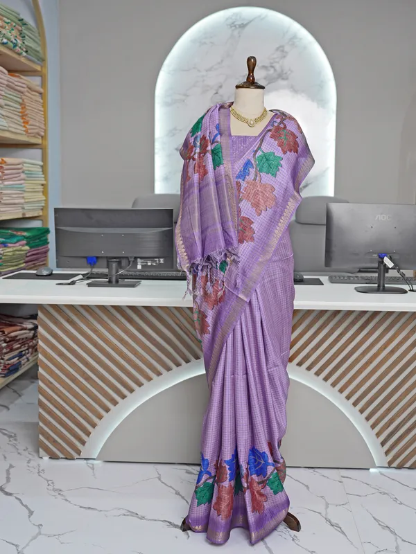Soft_Tussar_Silk_sarees_with_Beautiful_Digital_Print_With_Attractive_Checks_Design_Saree_And_Digital_Print_Blouse_With_Tassels