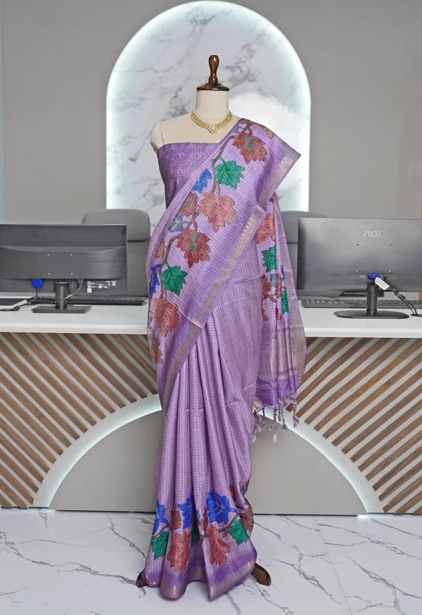 Soft_Tussar_Silk_sarees_with_Beautiful_Digital_Print_With_Attractive_Checks_Design_Saree_And_Digital_Print_Blouse_With_Tassels