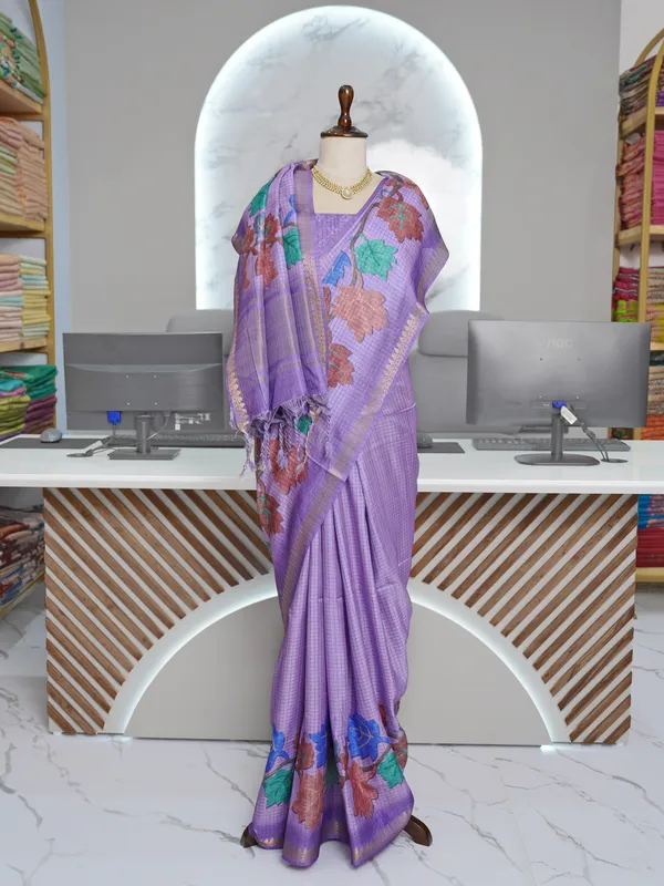 Soft_Tussar_Silk_sarees_with_Beautiful_Digital_Print_With_Attractive_Checks_Design_Saree_And_Digital_Print_Blouse_With_Tassels