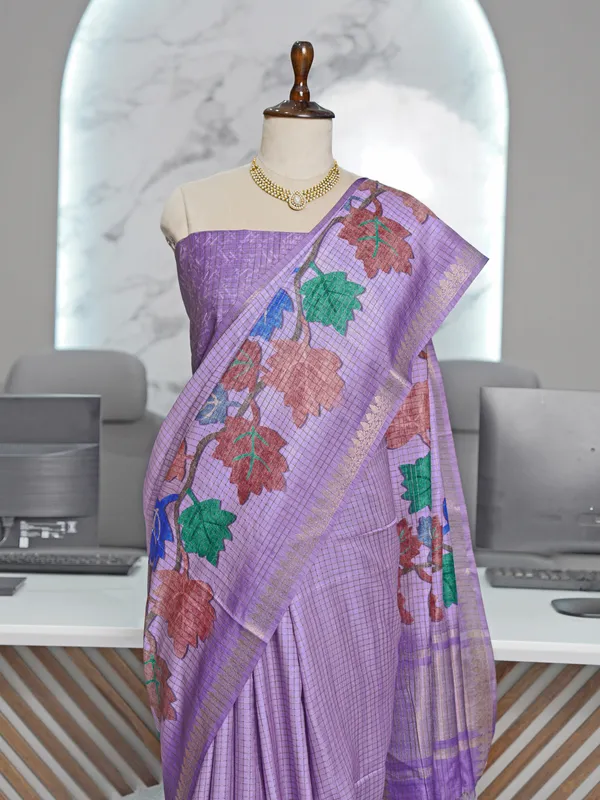 Soft_Tussar_Silk_sarees_with_Beautiful_Digital_Print_With_Attractive_Checks_Design_Saree_And_Digital_Print_Blouse_With_Tassels